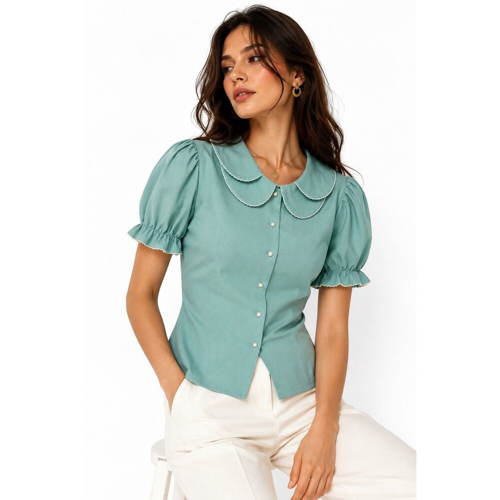 Miss Patina London Peter Pan Collar Puff Sleeve Blouse Top Mint Green M/L